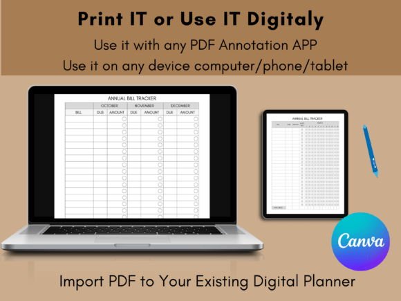 Printable Yearly Bill Tracker Canva