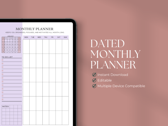 A screenshot showing a minimalist monthly page in a dated planner being customized inside the Canva interface.