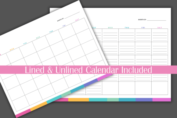 Close-up of a colorful monthly planner template showing unlined and lined habit tracker versions.