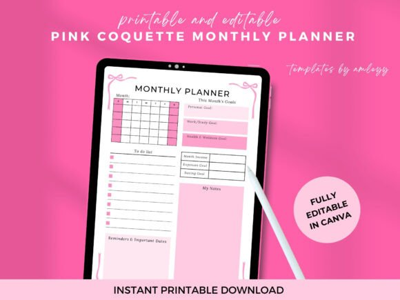 Displaying monthly planner template properties like drag-and-drop elements and soft pink template icons in Canva.