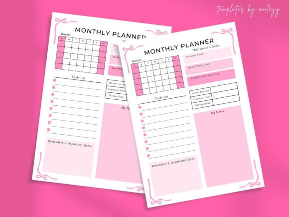 A printed version of the Pink Coquette Monthly Planner Template placed on an office desk with a pen.