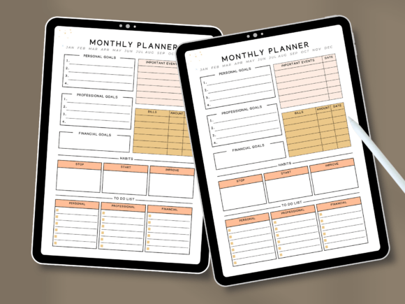 A clean and professional monthly grid layout of a monthly planner template on a high-resolution iPad.