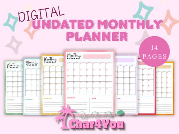 A set of seven colorful digital pages of a monthly planner template shown side by side.