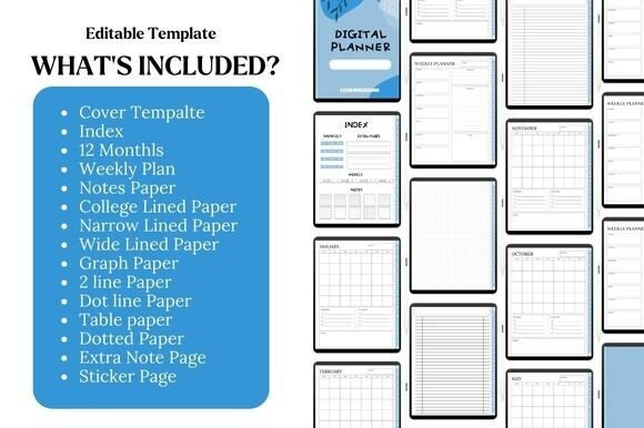 A set of digital notebook templates lovely blue showing monthly and weekly planner layouts in soft blue shades.