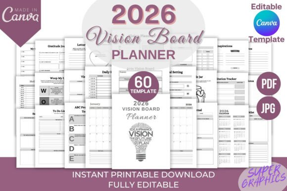 A set of 2026 layouts including a vision board and a detailed planner grid on a clean white desk.