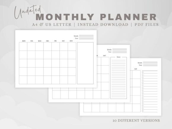 A digital screen showing a minimal monthly planner template featuring an undated grid and a side checklist.