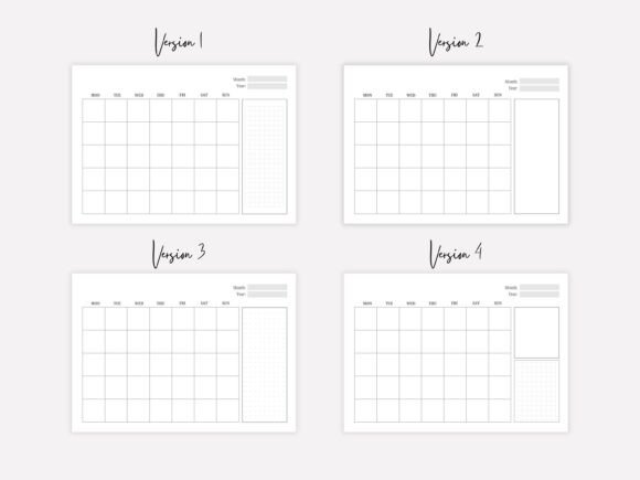 Close-up of various monthly pages from an undated planner showing clean lines and printable borders.
