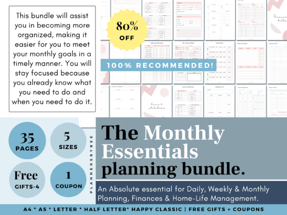 A collection of digital sheets from a printable monthly planner bundle laid out neatly on a gray background.