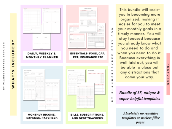 A minimalist overview of the workbook sections included in the Printable Monthly Planner Monthly Budget package.