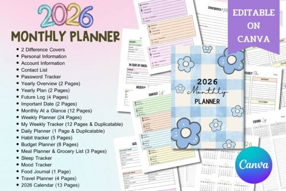 Front cover and yearly overview pages of the 2026 Monthly Planner - Canva Template bundle.