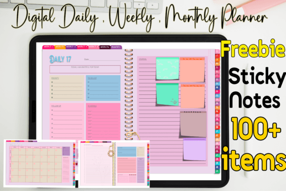 An overhead shot of a Daily, Weekly, Monthly Digital Planner being used on a desk with aesthetic accessories.