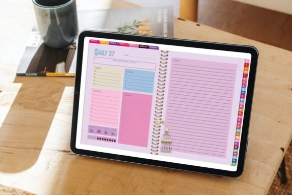 An open 38-page Daily, Weekly, Monthly Digital Planner displayed on a tablet featuring various digital stickers and color-coded tabs.