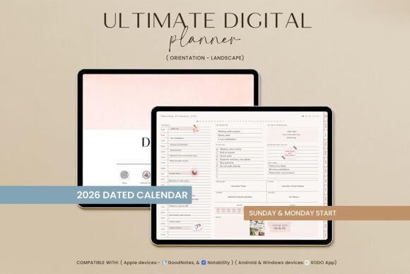 A landscape-oriented All-in-One Digital Planner, GoodNotes mockup showing the monthly planner template and several productivity side-tabs.