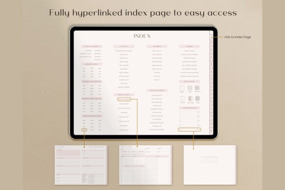 Minimalist tablet view of the main dashboard in an All-in-One Digital Planner, GoodNotes set to landscape mode.