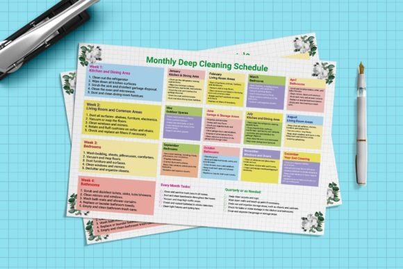 Top-down view of the Monthly Deep Cleaning Schedule Planner document printed on premium paper with a pen.