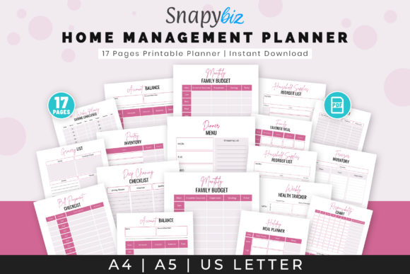Clean and modern pages of the Home Management Planner laid out in a minimalist office setting.