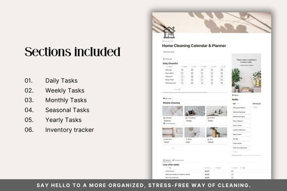A modern desktop displaying the contents of the Notion calendar and cleaning planner.