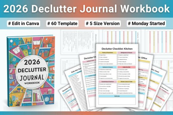 Minimalist flat lay of a 60-page 2026 Declutter Journal Workbook opened to a detailed deep cleaning checklist section.