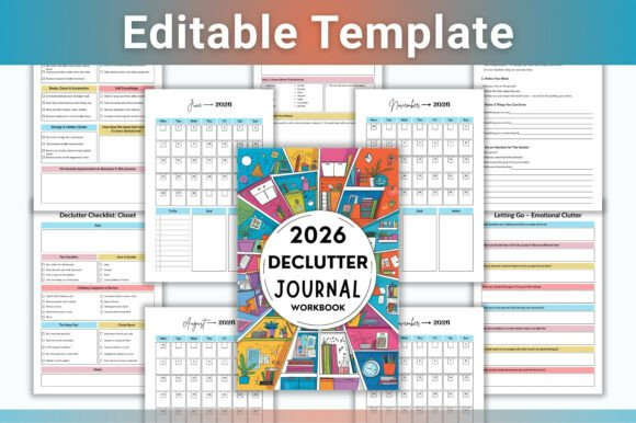 Stack of printable pages from the 2026 Declutter Journal Workbook in various sizes like US Letter, A4, and A5.
