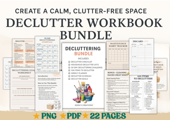 The complete printable bundle with an open workbook page showing a detailed deep cleaning checklist.