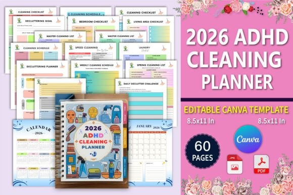 Colorful view of the 2026 ADHD Cleaning Planner pages printed on US letter paper showing a specific deep cleaning checklist.