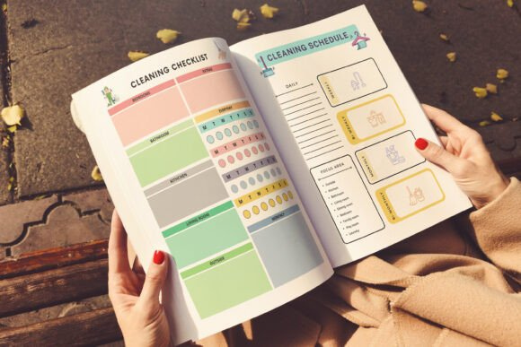 Minimalist layout of 60 different Canva templates belonging to the 2026 ADHD Cleaning Planner bundle.