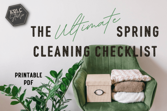 An aesthetic PDF preview of the "Complete Spring Cleaning Checklist" against a white living room background.