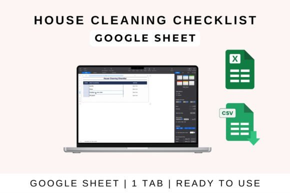 Full layout of the House Cleaning Checklist Template on a tablet with colorful tabs for different rooms.