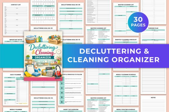  Decluttering & Cleaning Organizer KDP cover page with soft colors and minimalist fonts on a beige background.