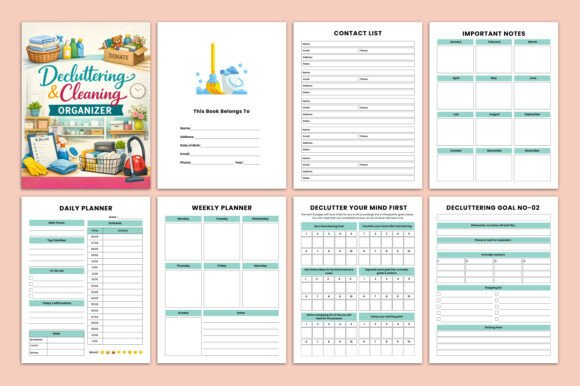 Printed sheets from a Decluttering & Cleaning Organizer KDP highlighting a daily deep cleaning checklist with small habit tracker icons.