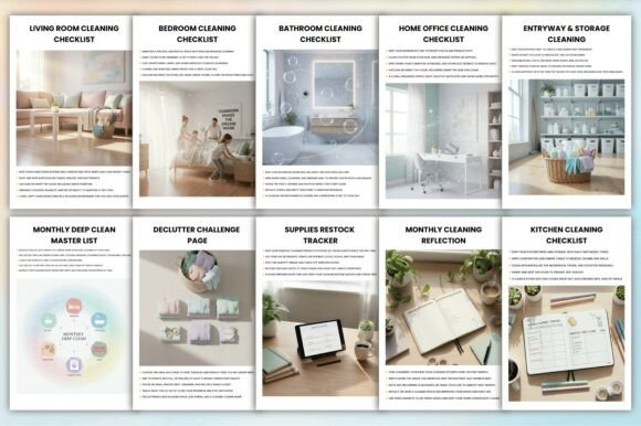 High-resolution top-down shot of an open Cleaning Guide Book showing a seasonal deep cleaning checklist and tracker pages.