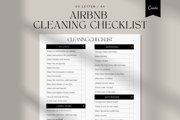 Minimalistic design displaying the Canva "AirBnb Cleaning Checklist" template.
