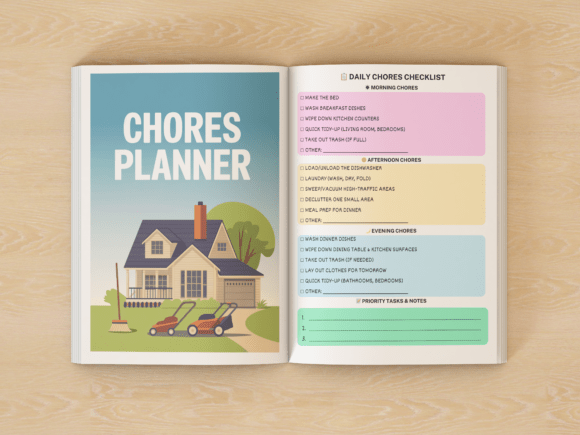 A photo of a 8.5" x 11" spread of a spring cleaning checklist kdp, showing the various fields for tracking habits and managing chores.