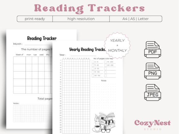 Minimalist printable reading tracker templates in A4, A5, and Letter sizes.