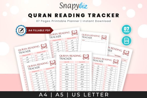 A high-resolution mockup of the pink printable Quran reading tracker.
