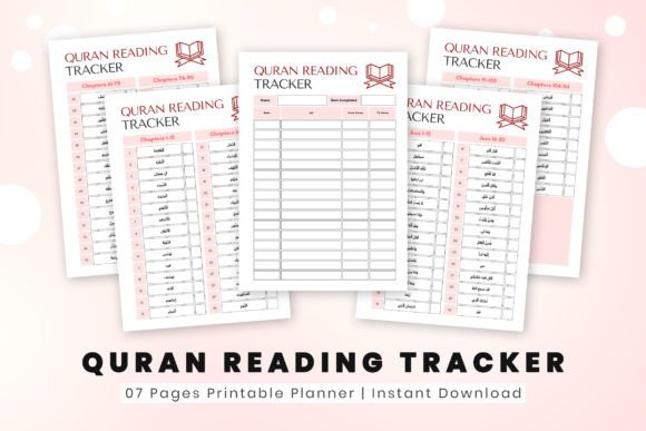A spread of the pages of the printable Quran reading tracker, including a progress log and reflection space.