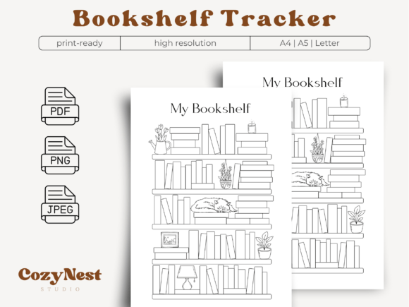 Bookshelf Tracker | Reading Journal PDF pages showcasing the clean printable reading tracker layout.