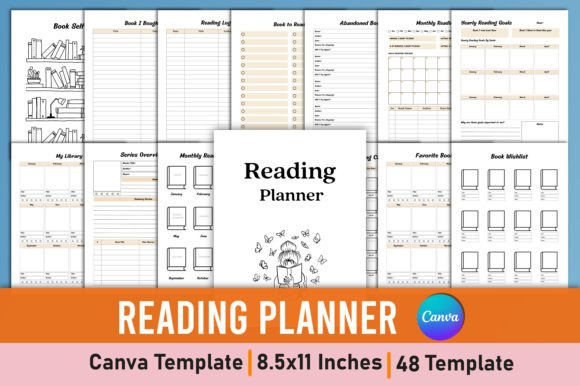 Editable Reading Planner Canva Interior layout showing a pink printable reading tracker in high resolution.