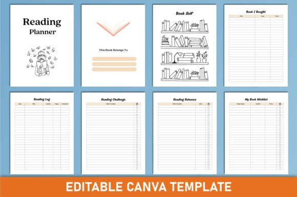 A preview of various pages from the editable reading planner collection in Canva.