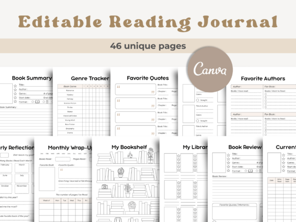 Minimalist white layout of a Canva Reading Journal Editable Template featuring a neat printable reading tracker pages