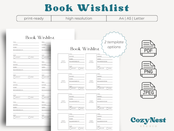 Two variations of the Book Wishlist Reading Journal Template next to a minimalist printable reading tracker.