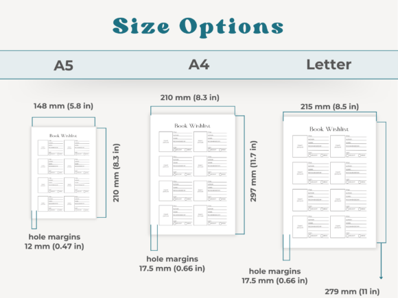 Mockup of the Book Wishlist Reading Journal Template in A4, A5, and US Letter sizes.