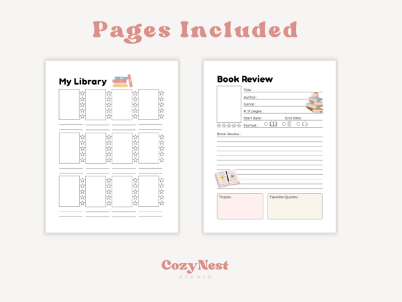Aesthetic Digital Reading Journal Canva Template pages displaying a cozy library list layout.