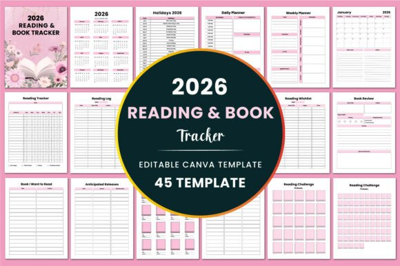 Aesthetic layouts from the 2026 Reading & Book Tracker shown as a pink printable reading tracker.