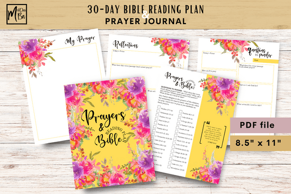 US Letter sized pages of the Bible Reading Plan 30 Days of Prayers journal for daily study.