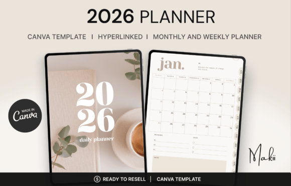 Minimalist home screen of the digital planner template 2026 displayed on a gold iPad Pro.