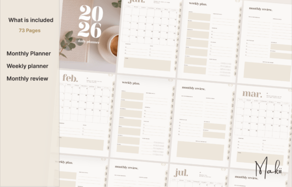 Modern and clean 73 page layout overview of the Digital Planner Template 2026 Canva version.