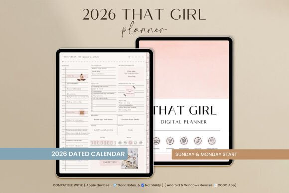 An aesthetic tablet mockup showcasing the stylish That Girl GoodNotes digital planner interface on a white background with the cover image of the 2026 digital planner template.