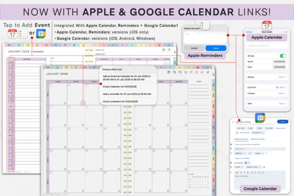 Interface showing how the All-in-One Digital Planner, Goodnotes connects with digital calendar apps for task reminders.
