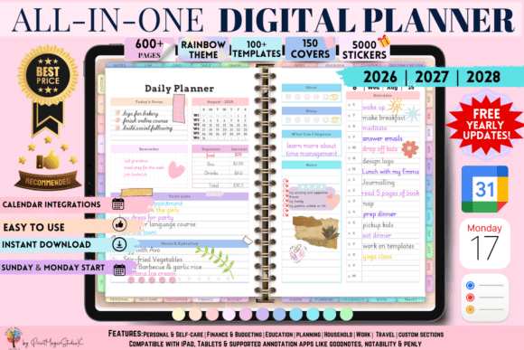 Aesthetic tablet display showing the colorful rainbow home screen of a digital planner template 2026.